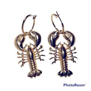 Lobster Earrings, NWOT, Goldtone, Large charms with hoop earrings